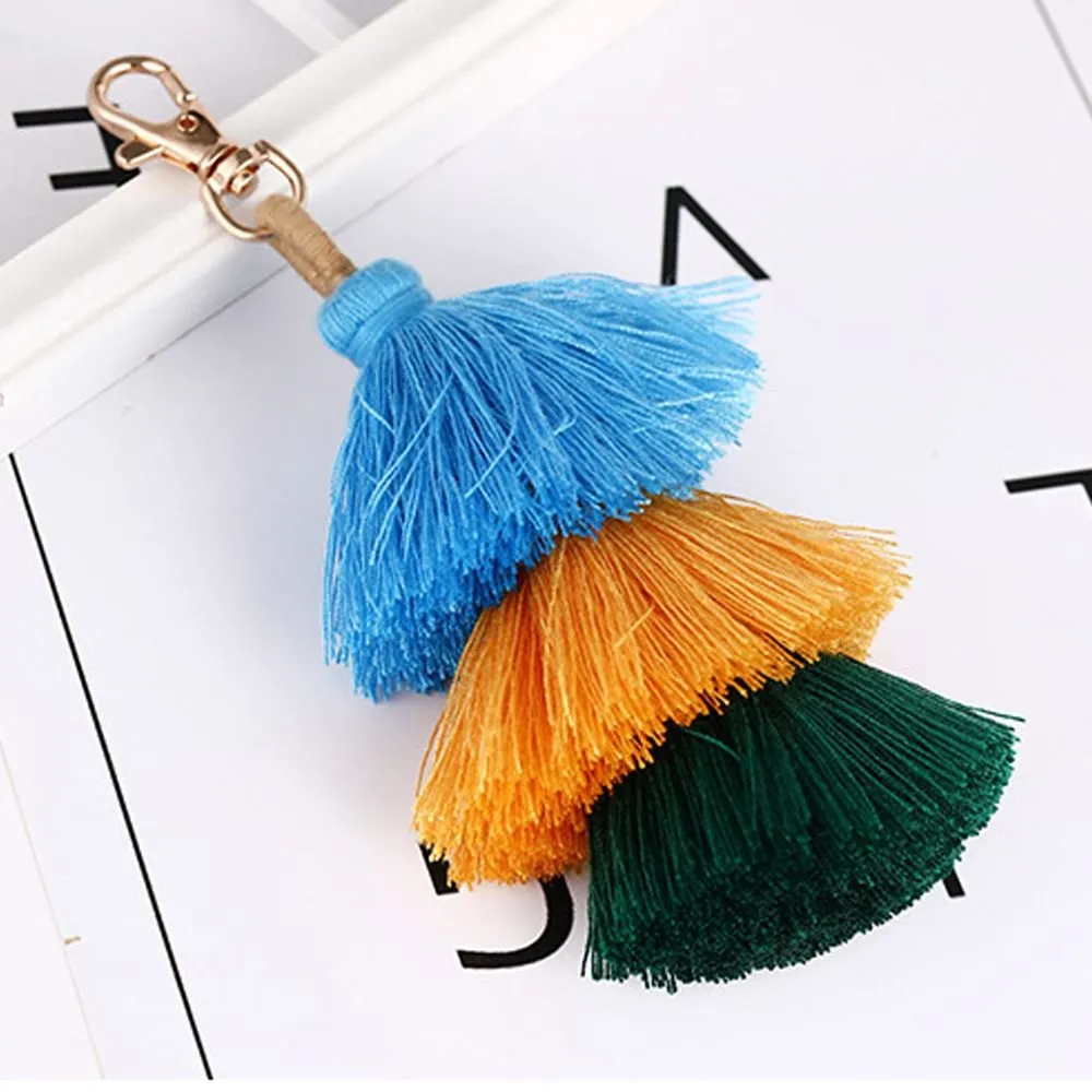 Boho Pom Pom Bag Charm Keychain - Handmade Tassel Key Ring For Purse, Handbag, Car Keys, Colorful Decor - View #6