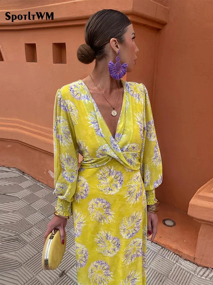 Chic Yellow V-neck Printed Long Sleeve Dress For Woman Elegant High Waist Bodycon High Street Vestidos Summer Female Office Robe 240718
