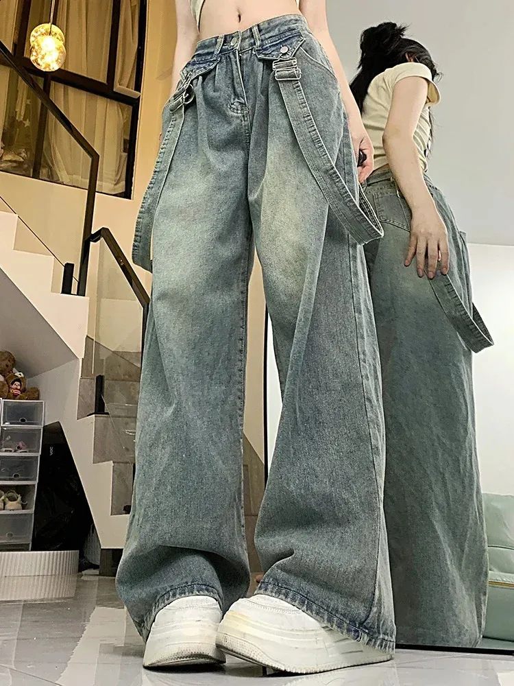 Woman High Street Gothic Jeans High Waist Blue Retro Denim Pants Baggy ...