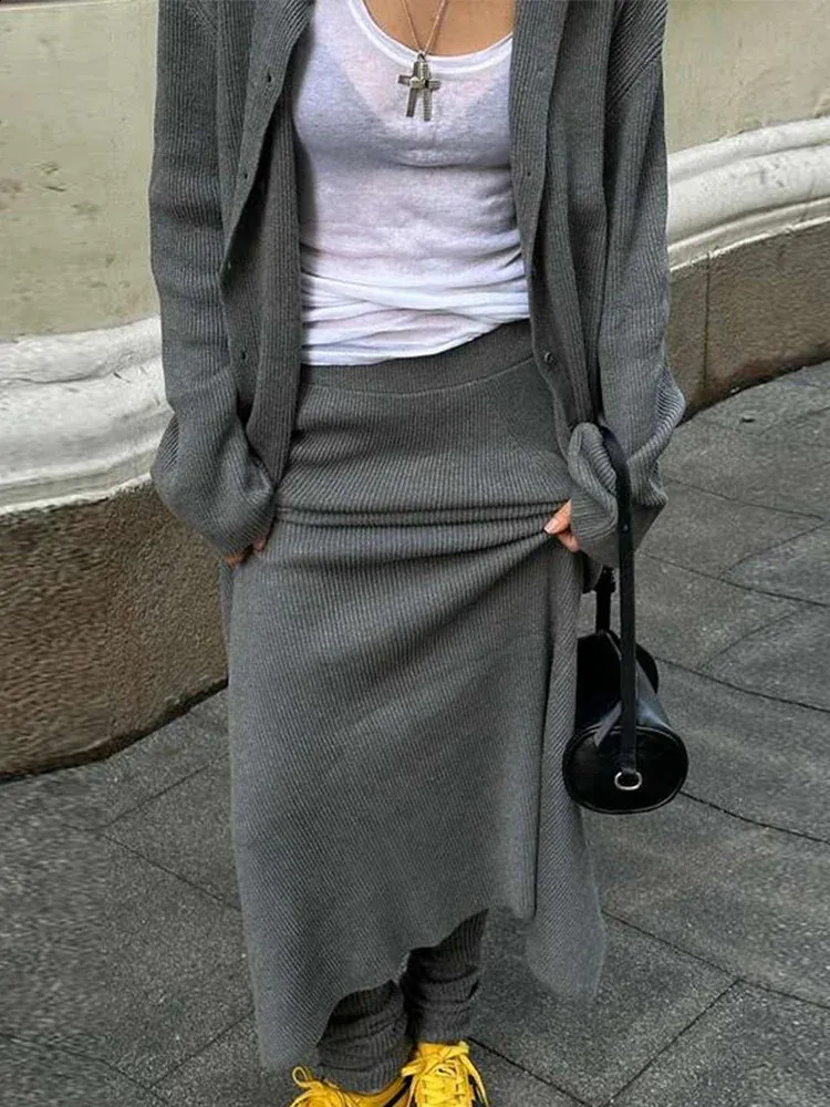 Save Big on Bulk Long Grey Knit Cardigan Knitted Grey Cardigan Womens Suits  With Loose Pants Split Skirts Casual Long Sleeve Lapel Sweater Long Skirt 