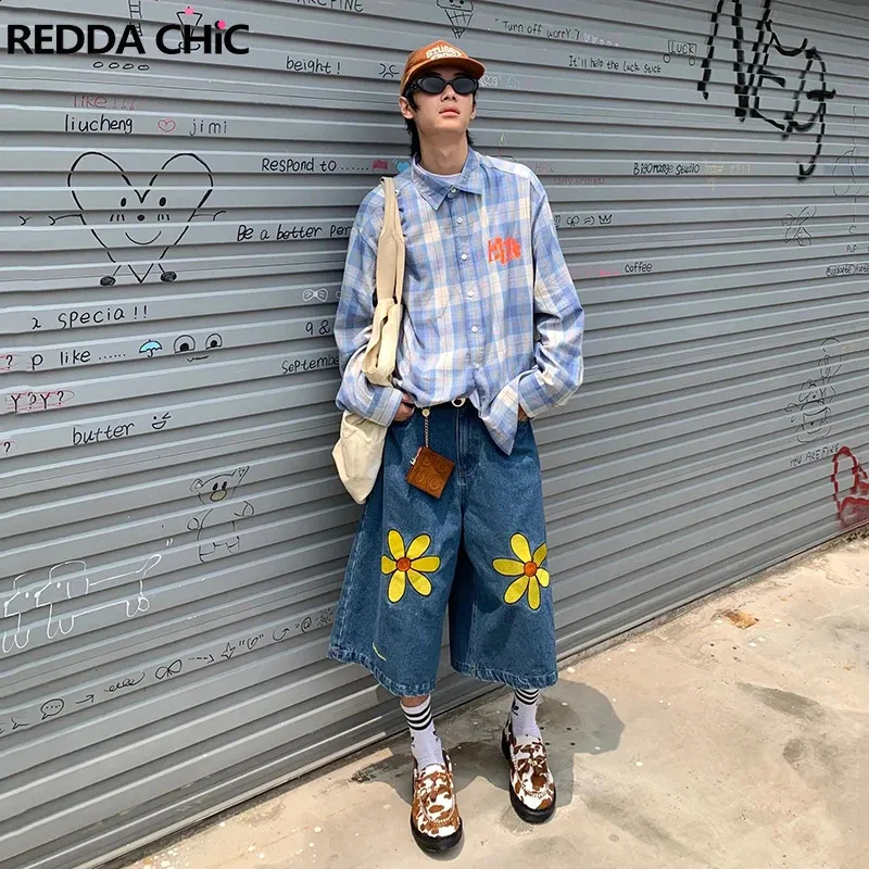 【SATIIIZ】Kyle Blackcat Bermuda Denim Pants DHgate.com:Retro Blue Baggy Denim Shorts: Flower Print, Wide