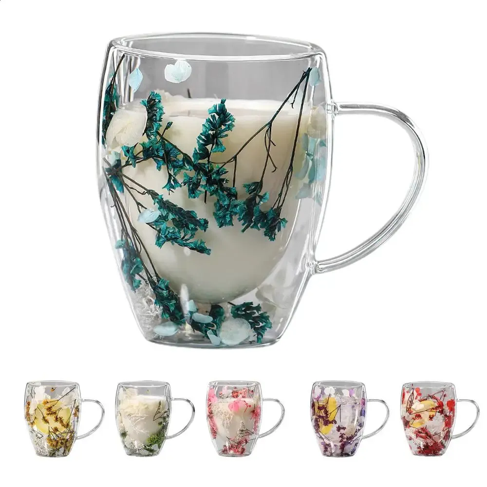 Tasse à Thé En Verre Double Paroi Avec Fleurs Séchées - 250ml, Avec Soucoupe Et Cuillère, Cadeau élégant