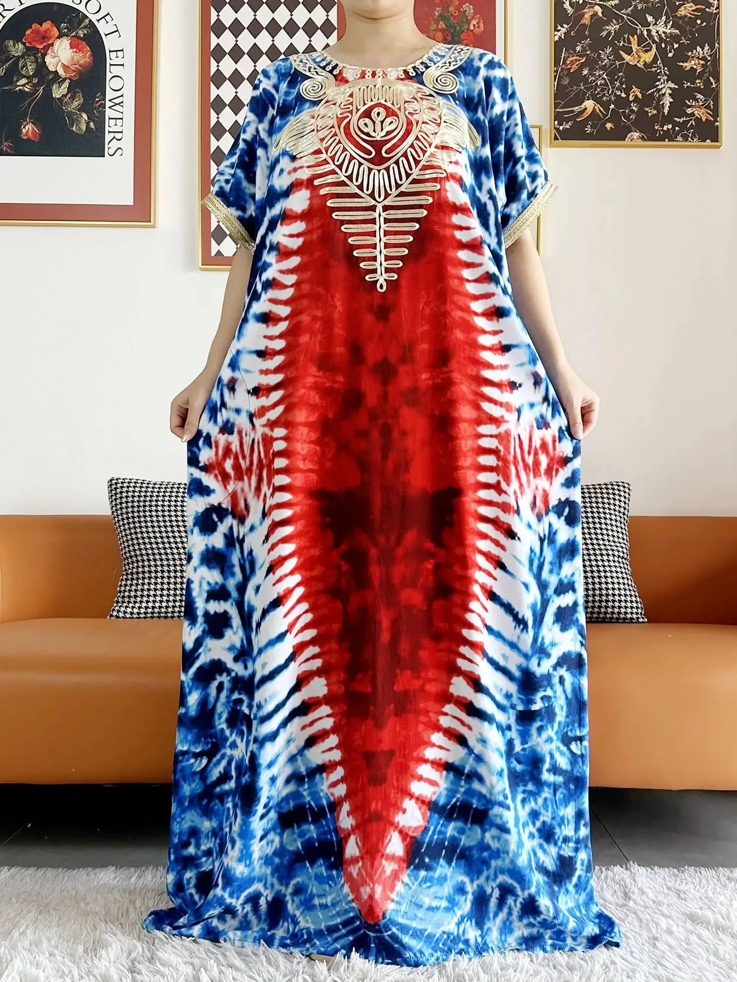 Floral Printed Dashiki Kaftan Dress for Women - 100% Cotton, Maxi Length, Loose Fit, Elegant