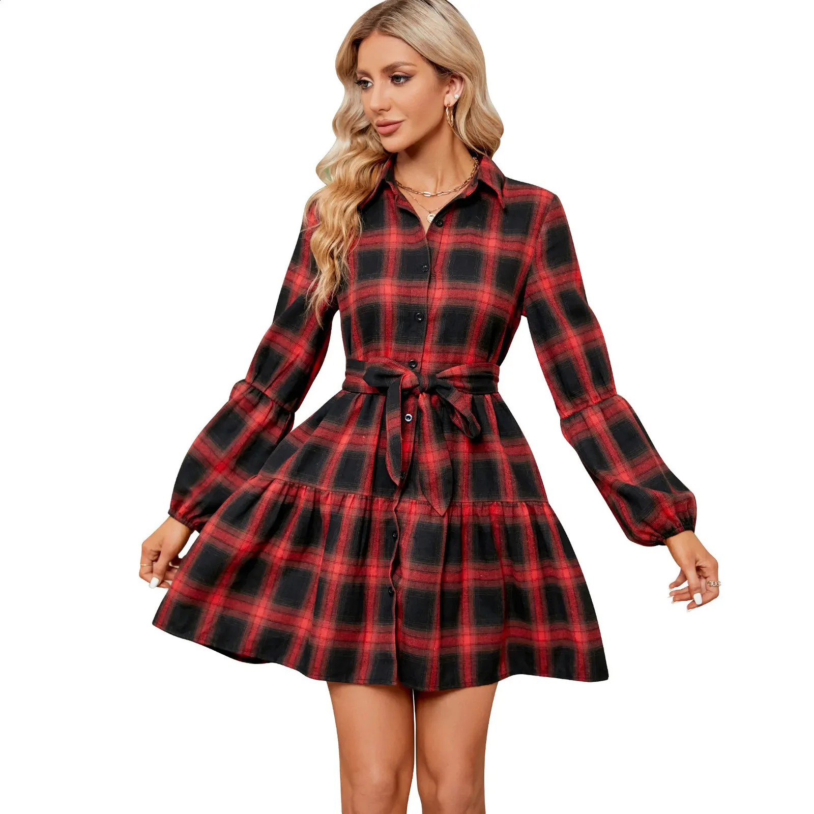 black and red plaid dress womens Red Buffalo Plaid Long Sleeve Midi Dress with Pockets, Black Check Women Casual Cute Designer Flare Elegant Plus Size Dress L main image 1
