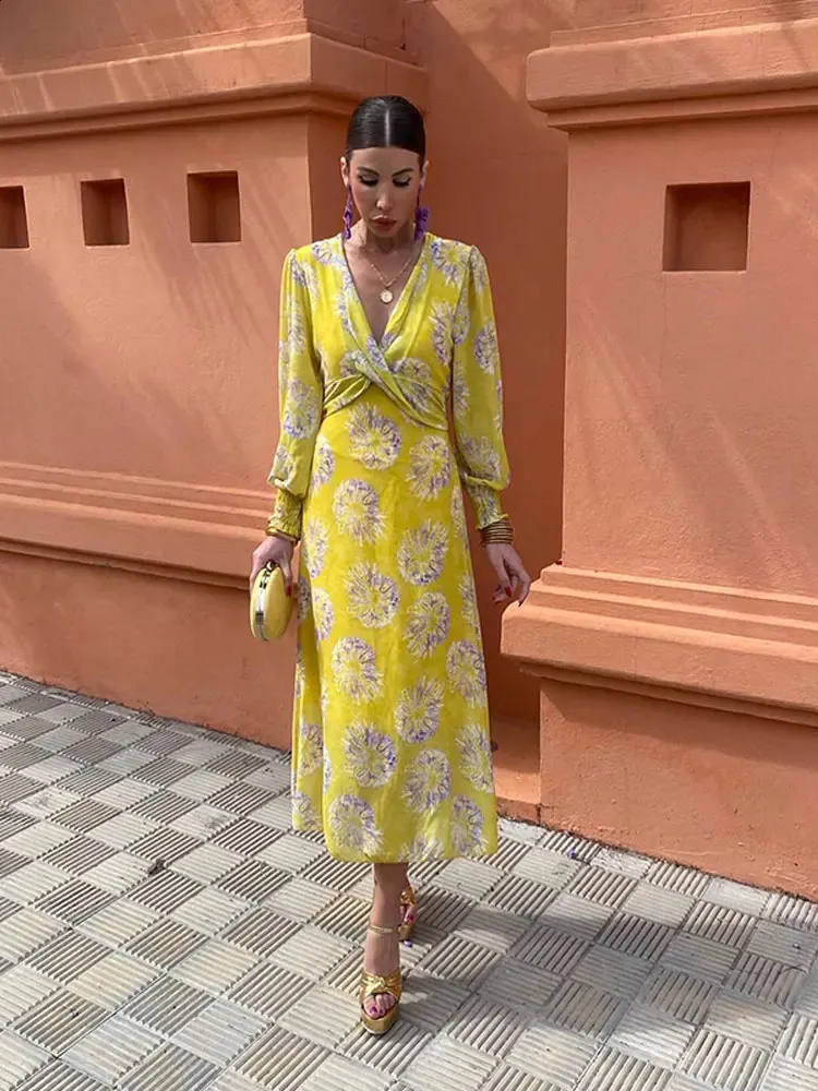 knee length dresses for ladies Resort Look Yellow Maxi Dress with Belt For Women – Leela Lane main image 1