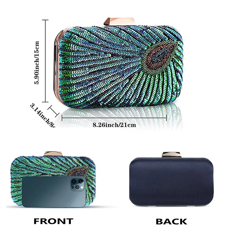 Beaded Sequins Evening Handbags for Women Stylish Peacock Green Envelope Party Wedding Bridal Purses