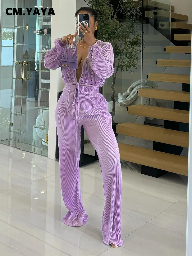 Save Big on Bulk Womens Tracksuits Sportswear Sets Women's Tracksuits:  Pleated Long Sleeve V Neck Top And Wide Leg Pants Set Two Piece Fashion  Fitness