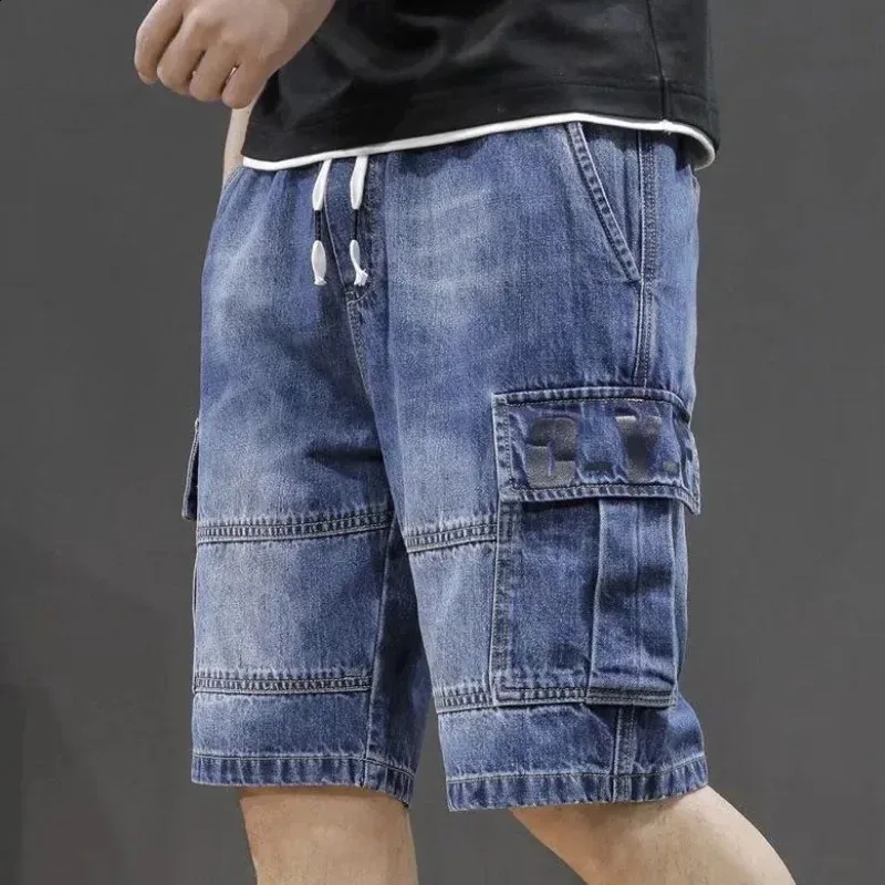 Short Baggy En Jean Homme – Coupe Ample Taille Élastique + Fermeture Éclair – Style Cargo Décontracté Été