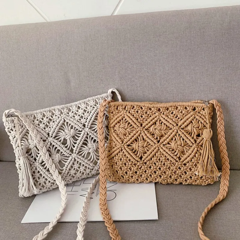 Macrame Rope Bag for Women Handmade Bohemian Clutch Purse with Tassels