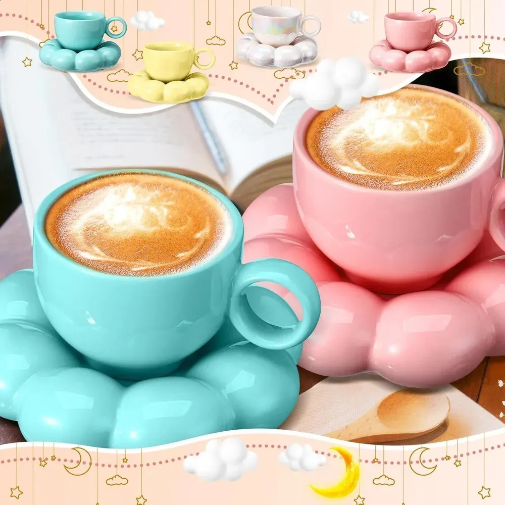 Pumtus Ceramic Coffee Mug With Saucer, 10 OZ Cute Cloud Mug With