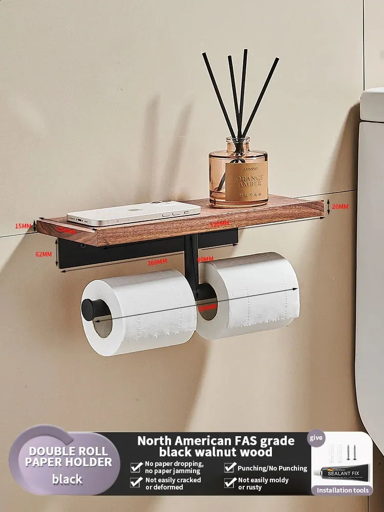 Space Saving Black Wood Toilet Paper Holder With Phone Rack: Wall 