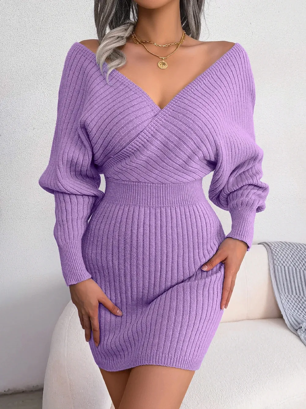 Colorful Bodycon Dresses: Womens Knitted Long Sleeve Sweater Dress