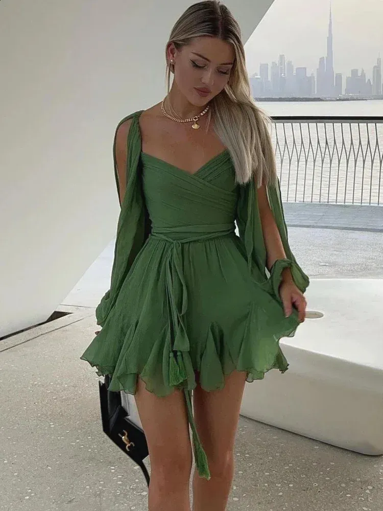 strapless open back dress Sexy See-Through Tulle High-Neck Waist Pleated Ruffle Mini Dress main image 1