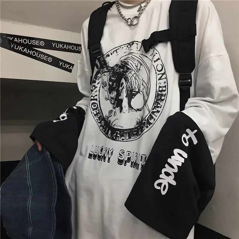 Oversized Anime Graphic Tee: Mens Long Sleeve Y2K Harajuku Style