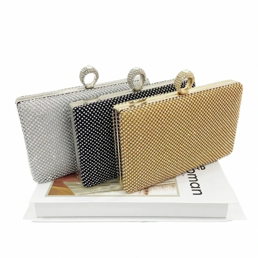 Shining Rhinestone Ring Clutch: Elegant Gold Evening Bag for Women