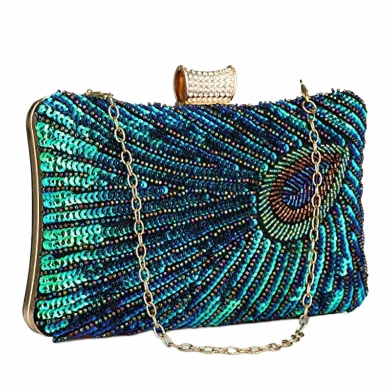 Green Sequin Handbag Beaded Peacock Evening Clutch for Women Wedding Bridal Party Purse