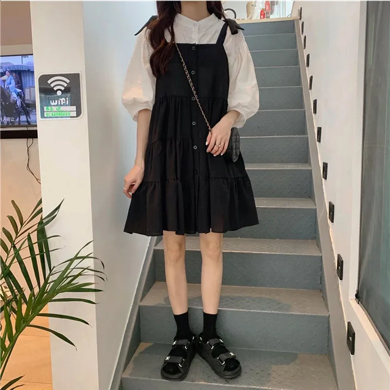 kpop casual dress Kpop Outfit Set, Puff Sleeve Top, Ruffled Dress