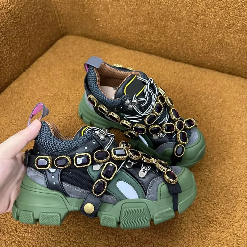 Designer shoes flash trek flashtrek sneakers Green Removable Crystal Metalic flashtreks sneaker Brown Reflective Grey Blue Suede mens womens trainers