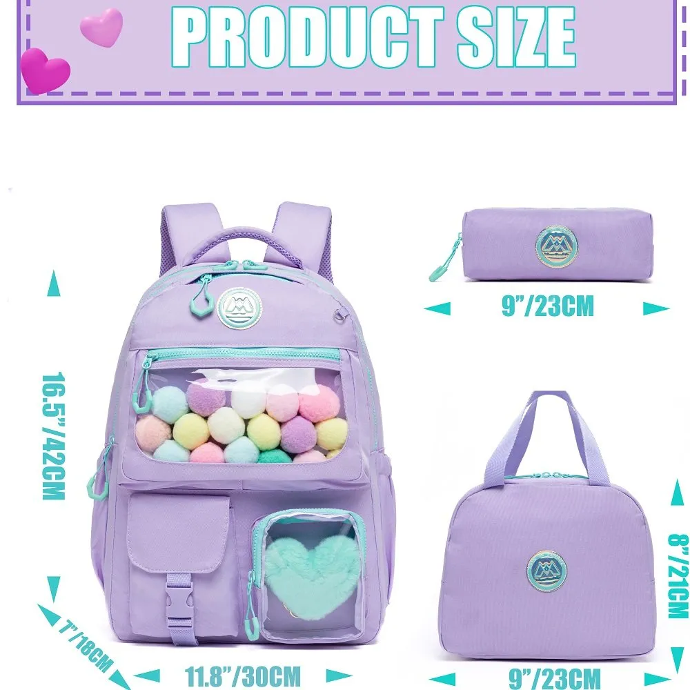 Cute Solid Color Backpack For Girls - School Daypack With Bear Charm, Waterproof