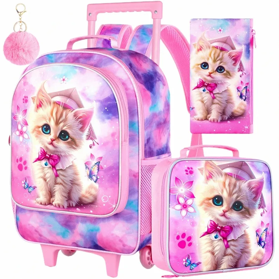 Rolling Backpack Set For Girls Cat Print Wheeled Bookbag With Lunch Bag 2024 From Sleekshoulder 122.17 DHgate.Com