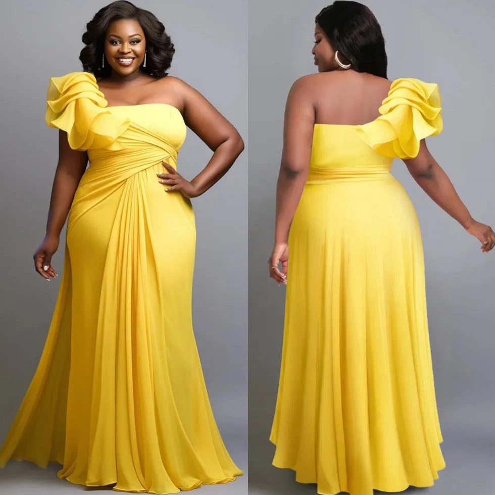 Yellow Plus Size Evening Dress One Shoulder Pleated Chiffon Trumpet Mermaid  Gown with Sweep Train