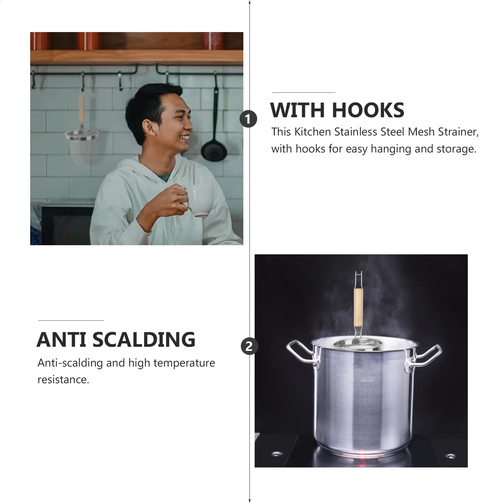 Sioweci Stainless Steel Mesh Strainer With Wooden Handle Fine Mesh Filter Spoon Wire Sieve Sifter Metal Colander Skimmer Kitchen Supplies 20cm