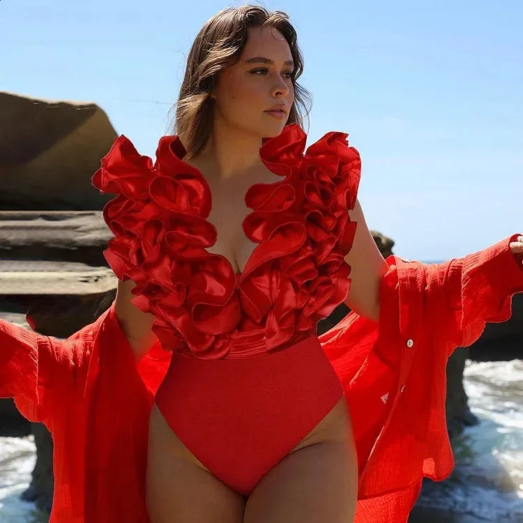 One Piece Red Flounce Bikini Top Red Ruffle Flower Swimsuit Skirt