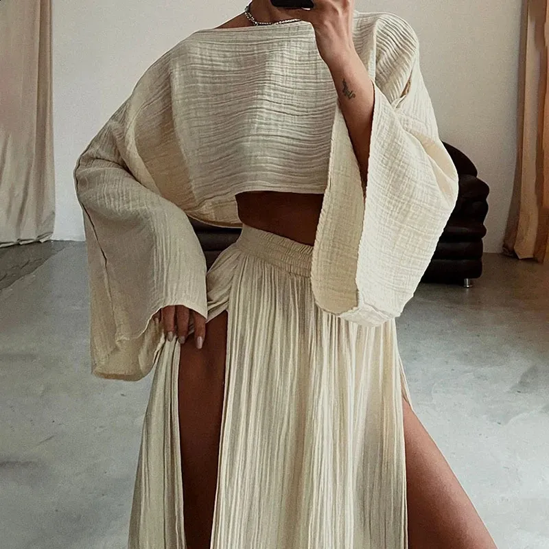 Elegant Women Crop Tops High Waist Slit Maxi Skirts 2 Pieces Linen Pants Sets Beach Cover Ups Lounge Matching Sets 240729