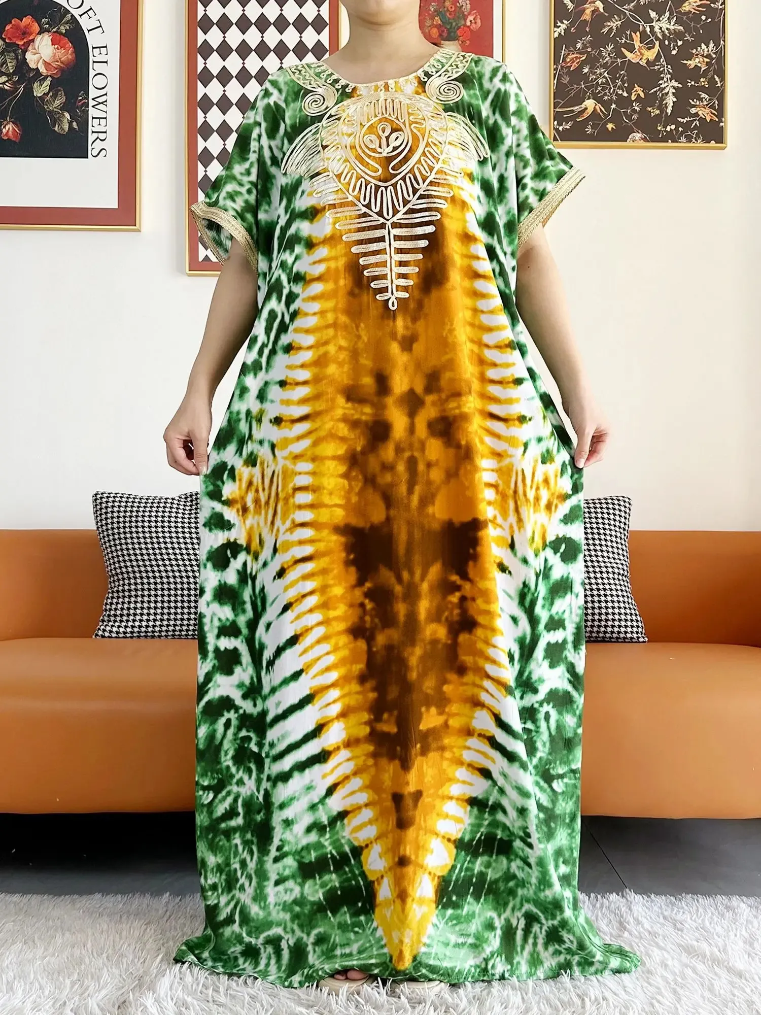 Floral Printed Dashiki Kaftan Dress for Women - 100% Cotton, Maxi Length, Loose Fit, Elegant
