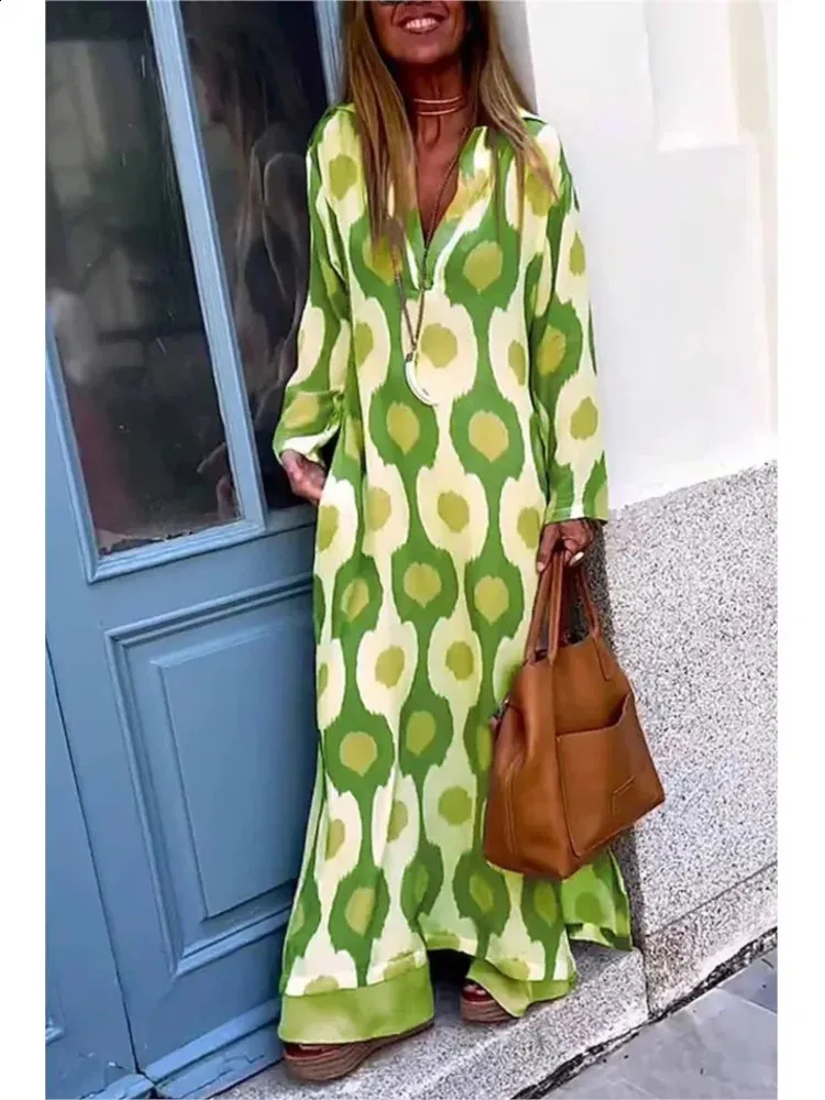 Autumn 2021 Geometric V Neck Maxi Dress for Women - V-Neck, Long Sleeves, Perfect for Beach and Boho Holiday Style (Style #240729)