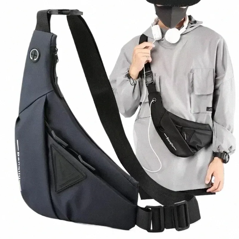 Mens Waterproof Oxford Crossbody Bag - USB Charging Sling, Travel