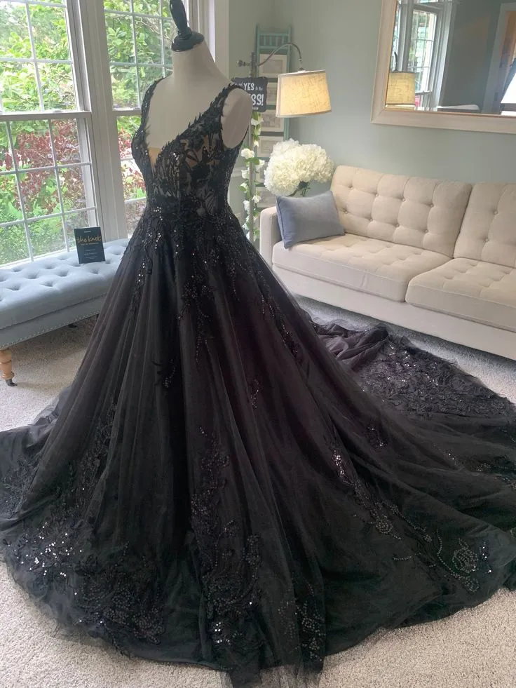 knee length dresses for ladies Illusion Long Sleeve Lace Tulle Trumpet Black Wedding Dress, Sequins