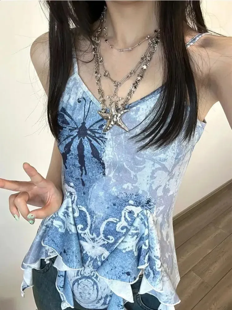 Women's Blue Sleeveless Animal Print Acetate Tank Top, Spring