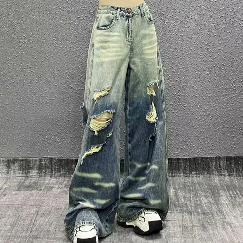 N / D Women's High Waist Patchwork Distressed Denim Jeans - Vintage Straight Leg Pants (Blue, Size S) - View #10