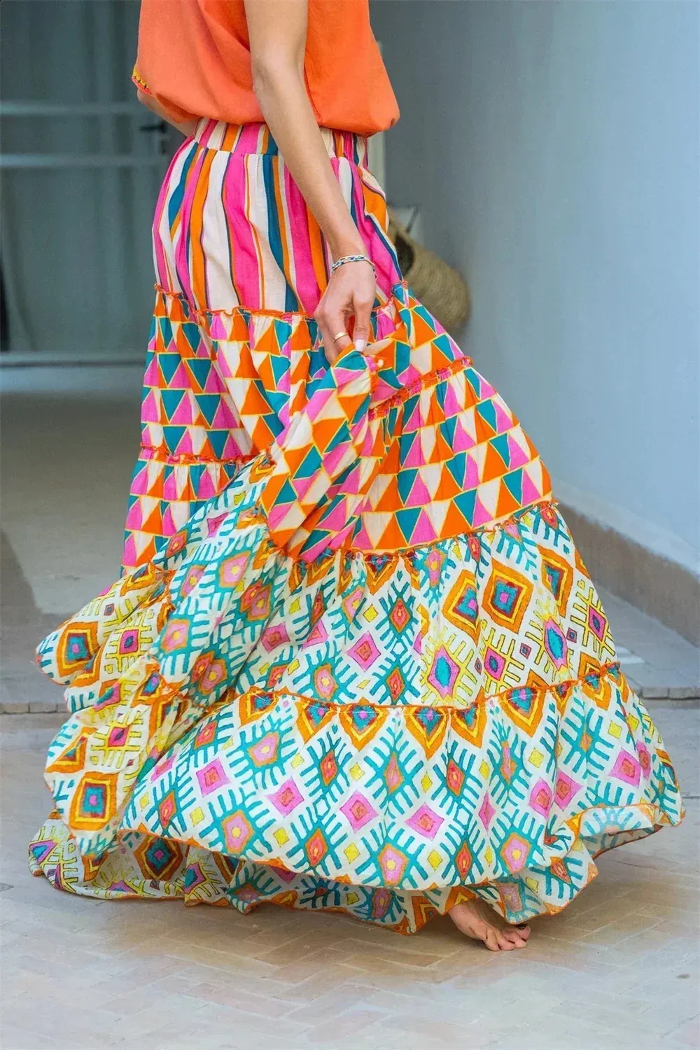 DHgate.com:Y2K Boho Maxi Skirt: Printed Loose Cotton Blend Beach  