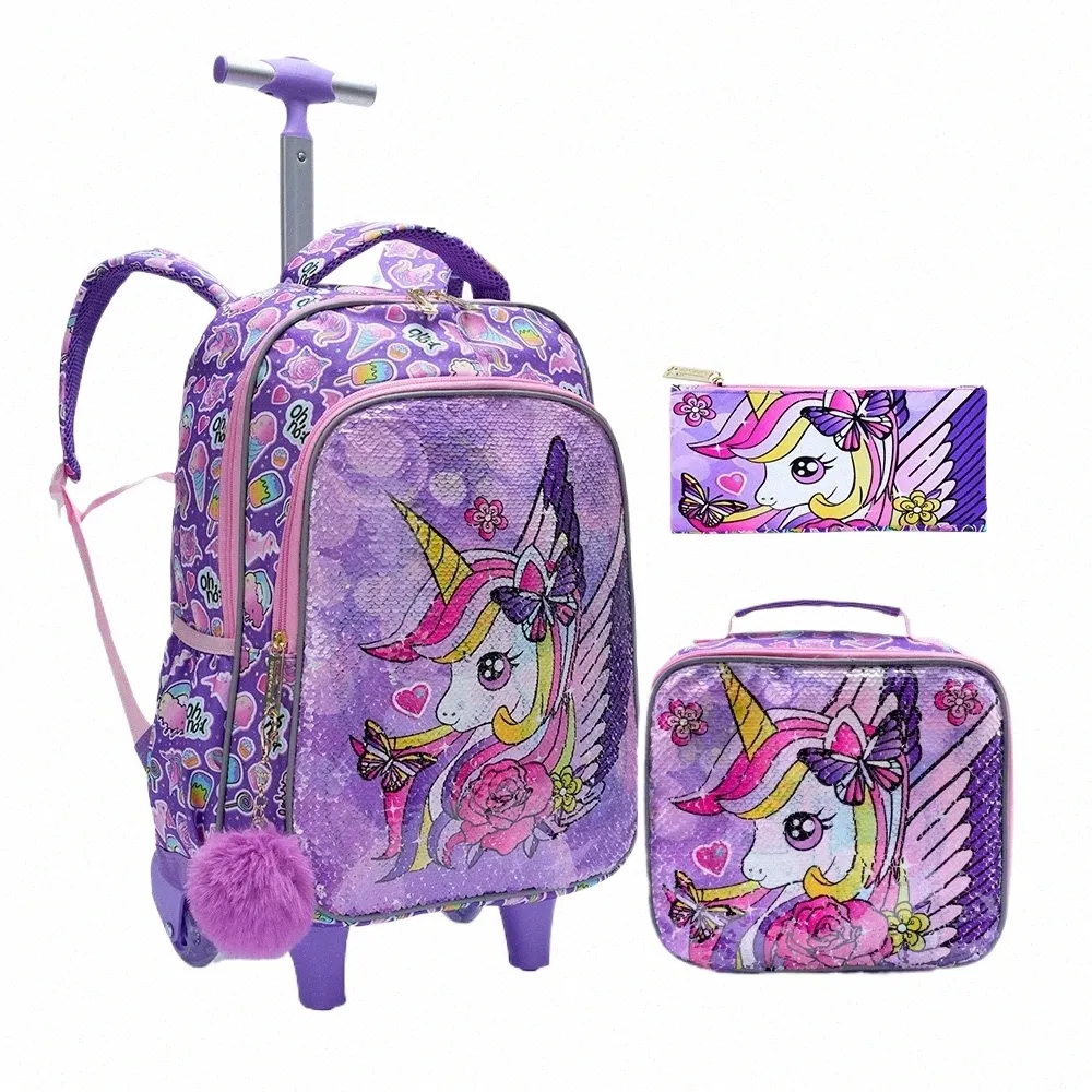 DHgate Purple Sequin Unicorn Rolling Backpack Set for Girls with Lunch and Pen Bag 3PCS Bags Luggage Accessories