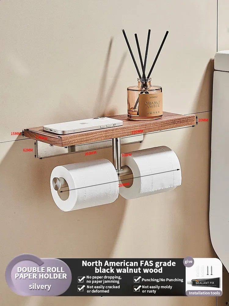 Space Saving Black Wood Toilet Paper Holder With Phone Rack: Wall 