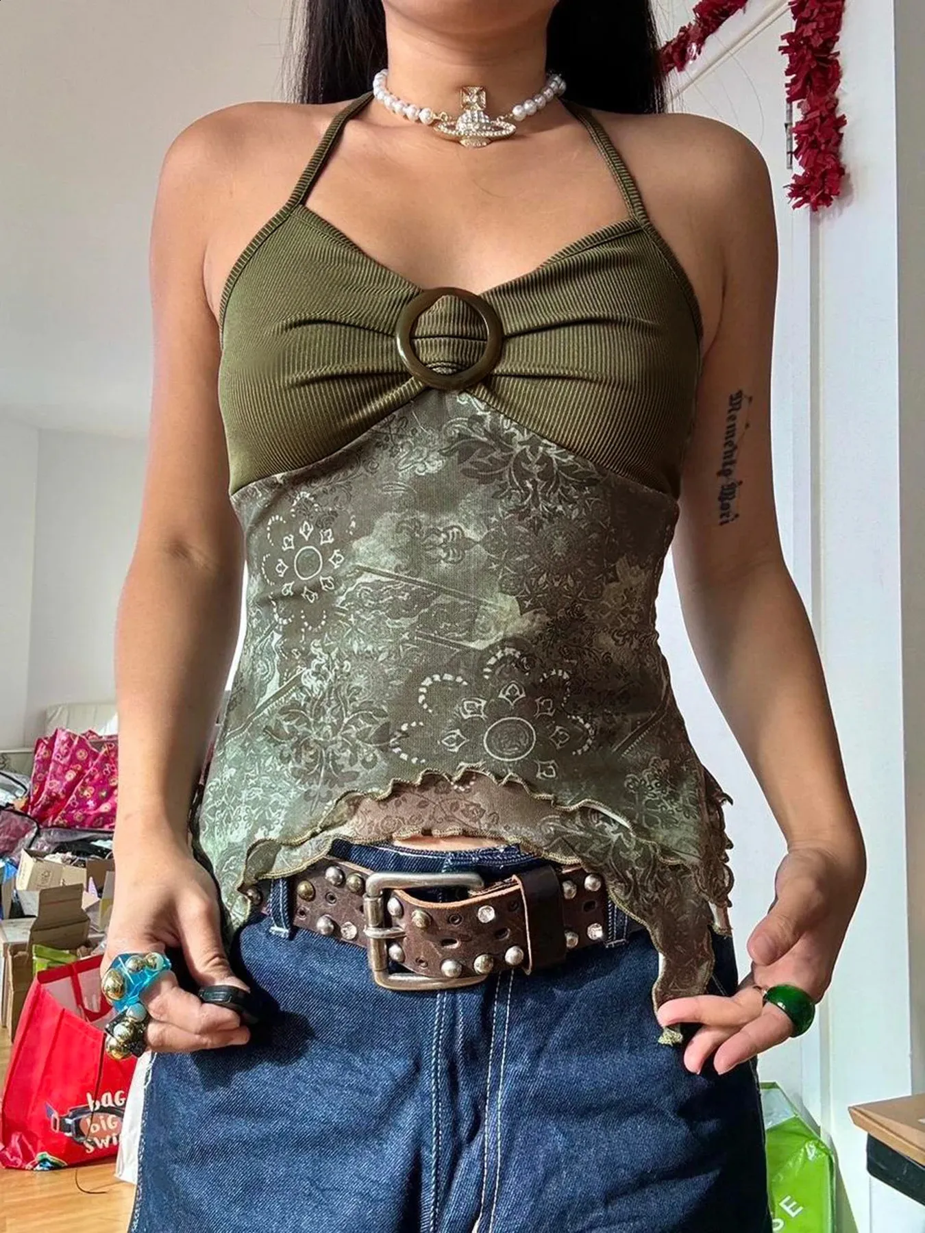 無料配送 ◆ BOHEMSEO◆ SEE THROUGH PIN-TUCK T Retro Forest Green Vintage Print Boho Y2K camisoles tops
