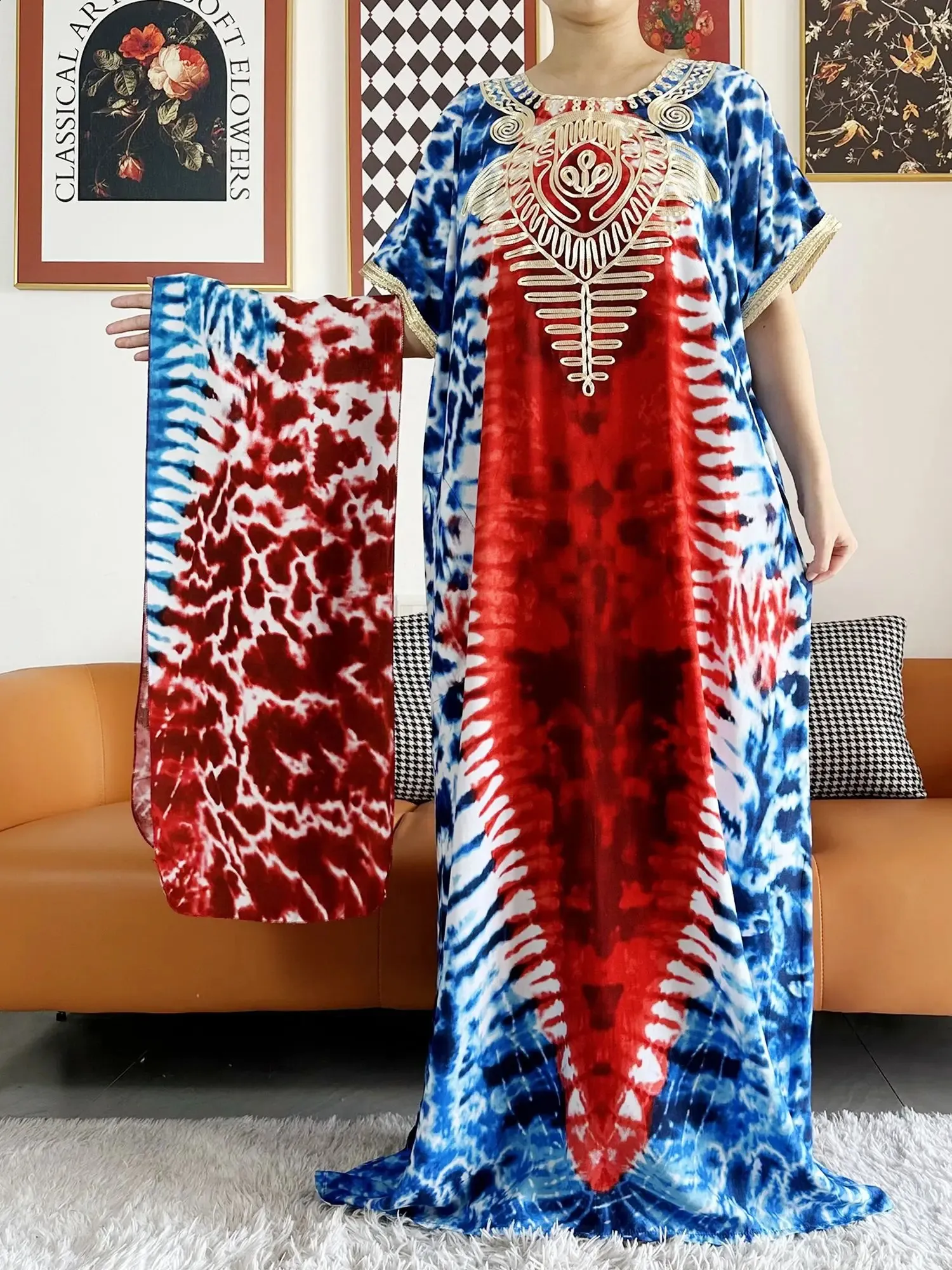 Floral Printed Dashiki Kaftan Dress for Women - 100% Cotton, Short Sleeves, Maxi Length, Loose Fit, Elegant (240722)