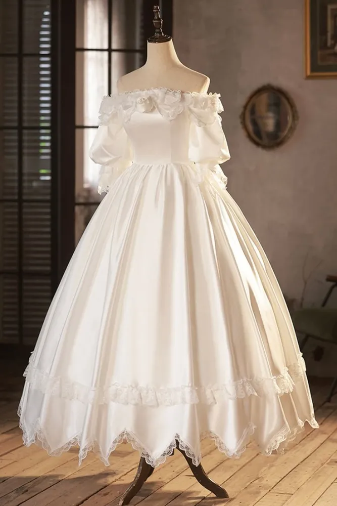 Save Big on Bulk White Victorian Wedding Dresses Romantic White Satin  Victorian Wedding Dresses: Dreamy Off Shoulder Short Sleeve Lace Ruffle  Lolita