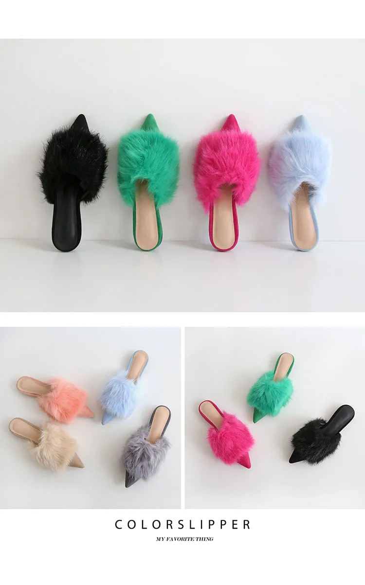 Pointy Ruber Fluffy Fur Slides Shoes Ladies Outdoor Lawn Pointy Toe Mules Rubber ...