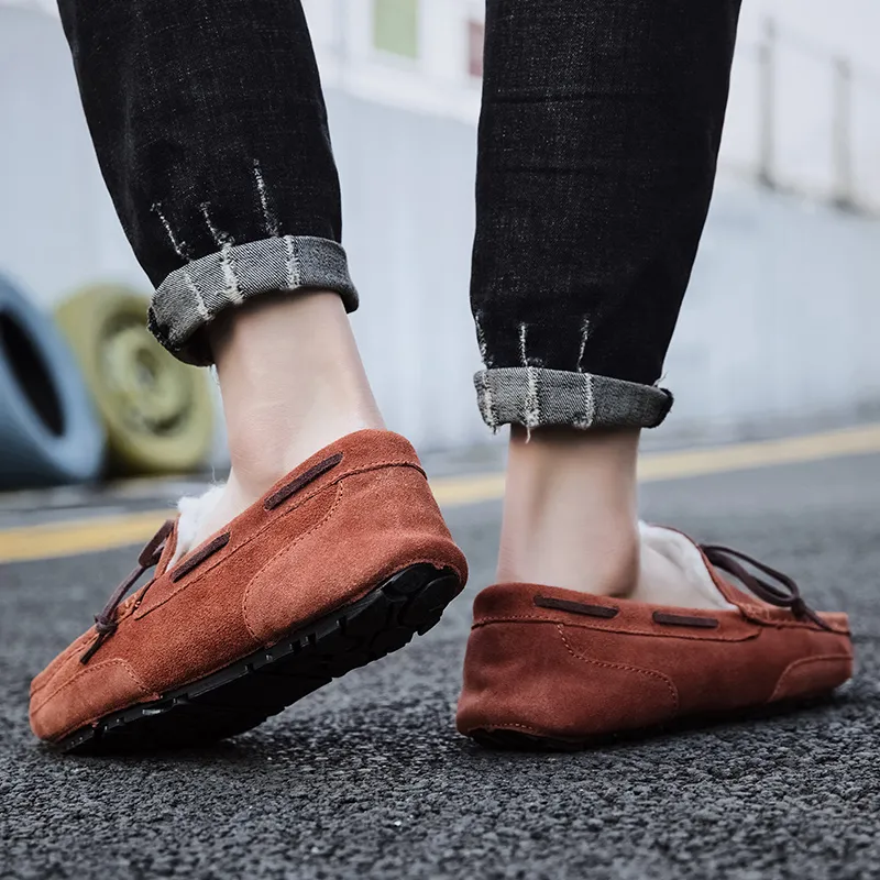 Mocasines de ante afelpado para hombre, informales, de marca, cálidos, de piel, para invierno, sin cordones, planos, para conducir, náuticos_voghion.com