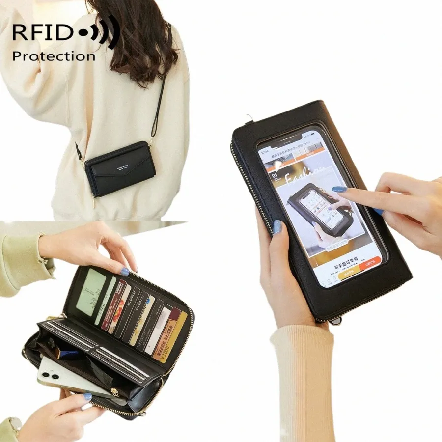 Multifunctional RFID Touchscreen Women s Soft Leather Crossbody Bag w Card Slots