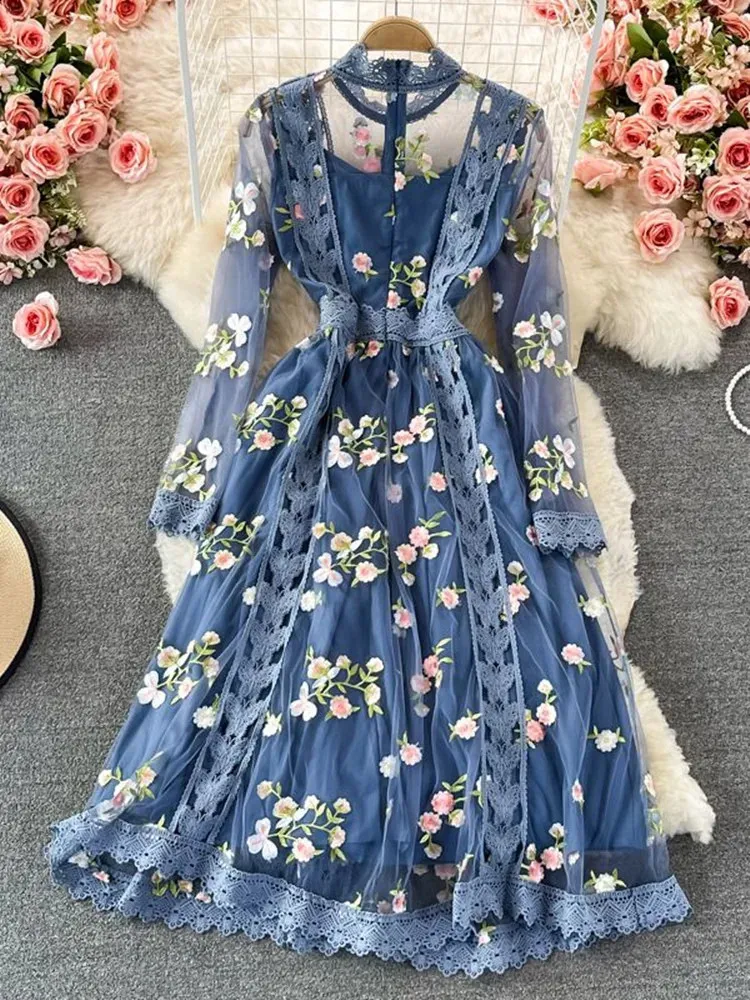Boho Autumn Spring Flowers Embroidery Dress Women Long Sleeve Lace Mesh Floral Blue Elegant Holiday Party Ladies Midi Vestidos240730