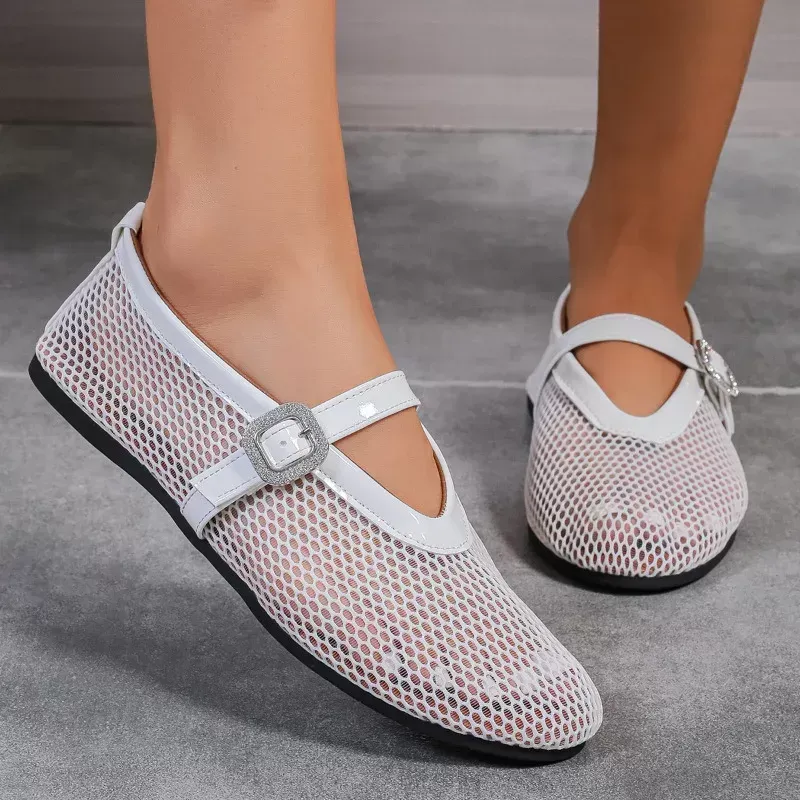Fandimeier Mesh Ballet Flats voor Vrouwen Visnet Comfortabele Gesp Strap Ballerina Dressy Dagelijks Platte Schoenen, Zwart, 39 EU