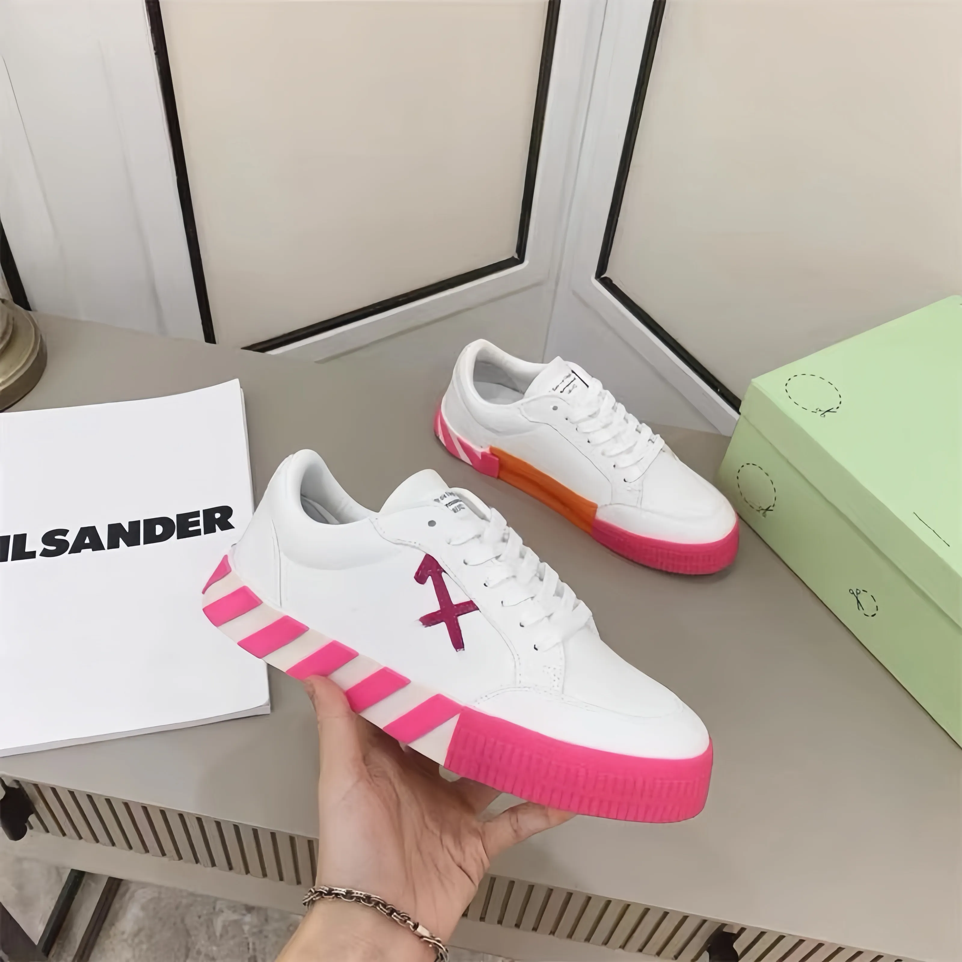 off white arrow low top neon