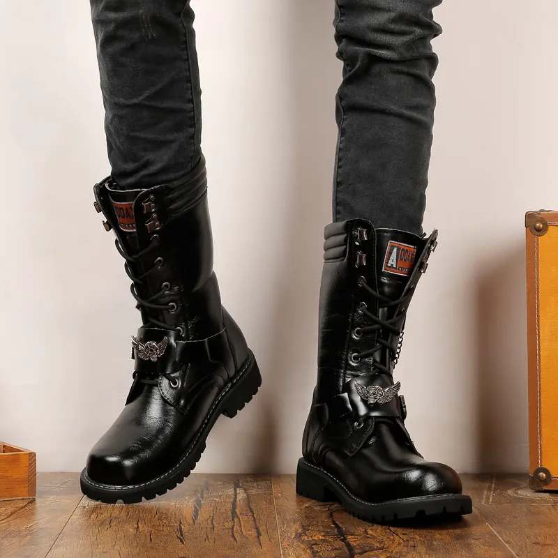 knee high boots punk combat boots mens