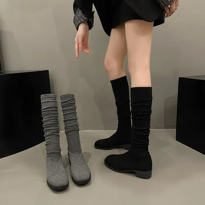 Chunky Platform Thigh High Boots Fashion Knit Sock Boots, Round