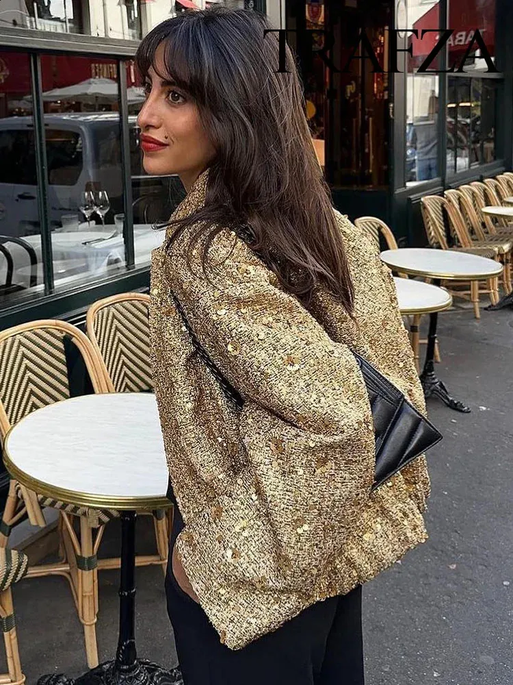 TRAFZA Women's Shiny Sequin bomber jacket - Y2K Gold TRAFZA Women's Shiny Sequin bomber jacket - Y2K Gold