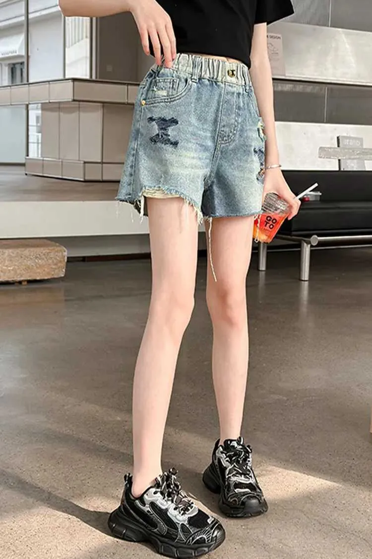 FEOYA Short en jean déchiré pour fille - Style décontracté - Taille haute - Taille élastique - Short de cowboy de 3 à 8 ans, bleu, 5 ans